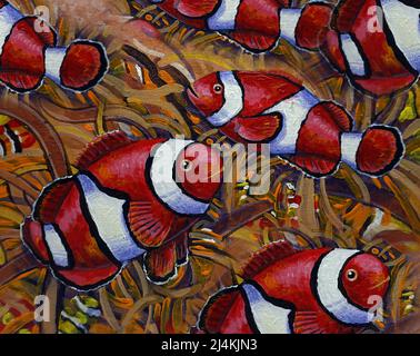 Kunstgemälde Acrylfarbe Clown Fisch , nemo Fisch , Anemonefisch Stockfoto