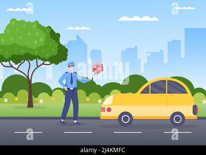 Police Officer Stopping Car Vector Illustration von mit stehend und tragen Uniform mit Ausrüstung flache Cartoon-Stil Stock Vektor
