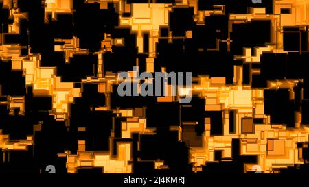 Schwarzer Hintergrund.Design. Ein heller Hintergrund mit grünen und orangefarbenen beleuchteten Partikeln, die wie Rätsel in Abstraktion aufleuchten. Stockfoto