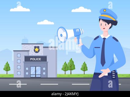 Polizeiwache Department Building Vektor Illustration mit Polizist und Auto auf flachem Cartoon-Stil Hintergrund Stock Vektor