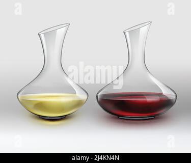 Vector klassischer Glas-Dekanter mit Rotwein und Dekanter mit Weißwein, auf grauem Hintergrund Stock Vektor