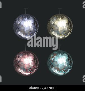 Vektor-Set von blauen, gelben, rosa und lila Disco Kugeln isoliert auf dunklem Hintergrund Stock Vektor