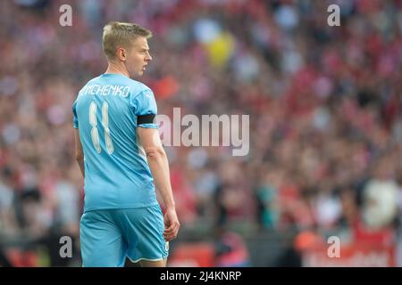 London, Großbritannien. 16. April 2022. Oleksandr Zinchenko von Manchester City während des Halbfinalmatches des Emirates FA Cup zwischen Manchester City und Liverpool am 16. April 2022 im Wembley Stadium, London, England. Foto von Salvio Calabrese. Nur zur redaktionellen Verwendung, Lizenz für kommerzielle Nutzung erforderlich. Keine Verwendung bei Wetten, Spielen oder Veröffentlichungen einzelner Clubs/Vereine/Spieler. Kredit: UK Sports Pics Ltd/Alamy Live Nachrichten Stockfoto