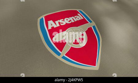 Winkende Flagge mit Arsenal Fußballmannschaftslogo, Nahaufnahme. Bewegung. Bunte professionelle englische Fußballverein Flagge, nahtlose Schleife. Nur für redaktionelle Zwecke Stockfoto