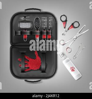 Vector Set von Zubehör für die Pflege von Katzen und Hunden mit Kämmen, Nagelschneider und Bürsten. Draufsicht, isoliert auf grauem Hintergrund Stock Vektor