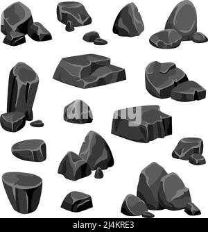 Schwarze Felsen und Steine Fragmente aus Granit oder Naturmineral Im Cartoon-Stil isolierte Vektor-Illustration Stock Vektor