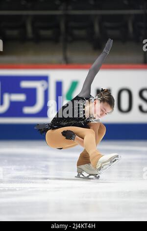 Tallinn, Estland. 16. April 2022. Olesya RAY (GER), während des Women Short Program, bei den ISU-Junioren-Eiskunstlauf-Weltmeisterschaften 2022, in der Tondiraba Ice Hall, am 16. April 2022 in Tallinn, Estland. Quelle: Raniero Corbelletti/AFLO/Alamy Live News Stockfoto