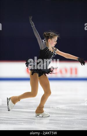 Tallinn, Estland. 16. April 2022. Olesya RAY (GER), während des Women Short Program, bei den ISU-Junioren-Eiskunstlauf-Weltmeisterschaften 2022, in der Tondiraba Ice Hall, am 16. April 2022 in Tallinn, Estland. Quelle: Raniero Corbelletti/AFLO/Alamy Live News Stockfoto