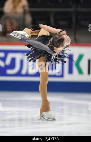 Tallinn, Estland. 16. April 2022. Olesya RAY (GER), während des Women Short Program, bei den ISU-Junioren-Eiskunstlauf-Weltmeisterschaften 2022, in der Tondiraba Ice Hall, am 16. April 2022 in Tallinn, Estland. Quelle: Raniero Corbelletti/AFLO/Alamy Live News Stockfoto