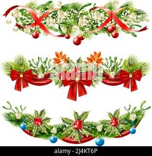 Weihnachten flache Set von schönen Wanddekorationen mit Beeren Zweige Und Farbbänder isoliert auf weißem Hintergrund Vektorgrafik Stock Vektor