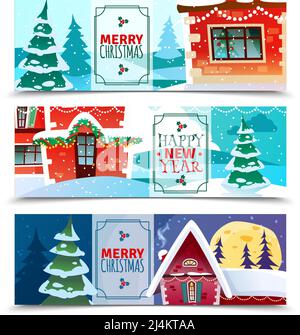 Weihnachten horizontale Banner Satz von bunten Papierkarten mit fröhlichen weihnachtsgruß und glückliches neues Jahr wünschen Vektor-Illustration Stock Vektor