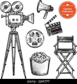 Kino und Filme machen handgezeichnete Vintage-Set mit Klapper Reel Kamera Stuhl Lautsprecher und Popcorn isoliert auf weißem Hintergrund Skizzenvektor-Abb. Stock Vektor