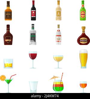 Spiritus Flat Icons Set mit Whiskey Brandy Flaschen und Cocktail Brille isoliert Vektor-Illustration Stock Vektor