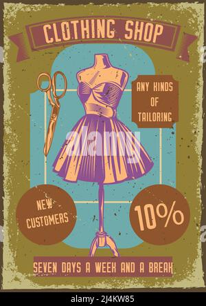 Poster Design mit Illustration einer Schaufensterpuppe mit einem Kleid auf und Schere auf Vintage Hintergrund. Stock Vektor