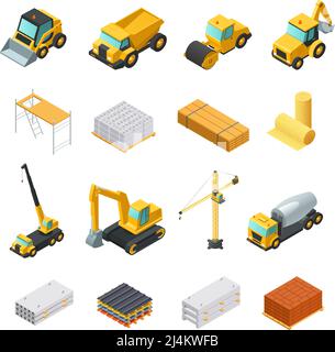 Bunte isometrische Bau-Icons mit verschiedenen Materialien und Transport gesetzt Isoliert auf weißem Hintergrund Vektorgrafik Stock Vektor