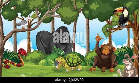Gruppe von wilden Tieren in der Natur Wald Szene Illustration Stock Vektor