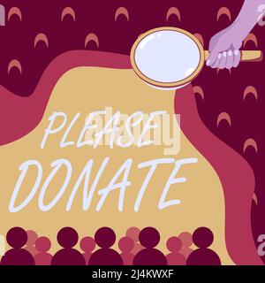 Schreiben Text anzeigen Bitte Spenden. Geschäftsübersicht Versorgung Ausstattung Hand-out Beitragen Zuschüsse an Charity Hand Holding Vergrößerungsglas Stockfoto