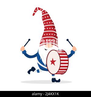 Patriotischer amerikanischer Zwerg. Niedlicher skandinavischer Zwerg mit Trommel. Elf feiern den Unabhängigkeitstag in den Vereinigten Staaten. Frohes 4.. juli. Vektor Stock Vektor