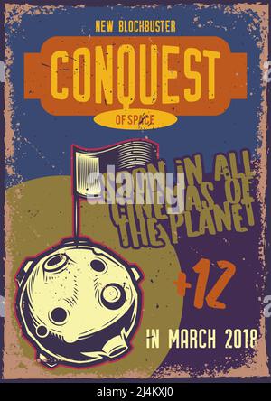 Poster-Design mit Darstellung des Mondes mit einer Flagge auf Vintage-Hintergrund. Stock Vektor