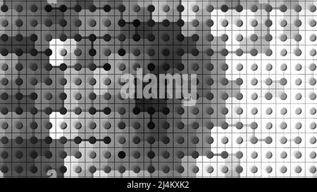 Das Mosaik ist grau. Bewegung. Kleine Quadrate schimmern zusammen mit schwarzen und dunklen Schattierungen in Abstraktion. Stockfoto