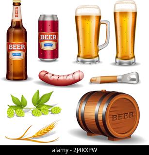 Bier realistische Icons Kollektion mit Flasche Glas Becher Fass Wurst Und Hop Kegel isoliert Vektor-Illustration Stock Vektor
