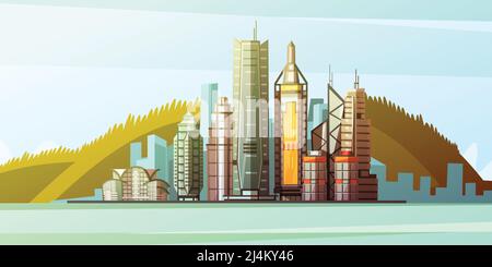 Blick vom Meer zum Panorama von Hong Kong Zentrum mit Skylines und Brücke Hintergrund flache Vektor-Illustration Stock Vektor
