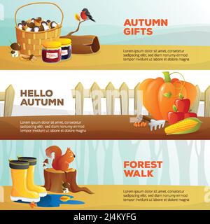 Helle horizontale Banner mit Herbst Gemüse Pilze Vögel und Wald Flache isolierte Vektorgrafik Stock Vektor