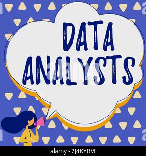 Textschild mit Datenanalysten. Word for Programmer Design and Create Report identifiziert Muster, die Frauen durch Megaphone sprechen, die Ankündigung machen Stockfoto