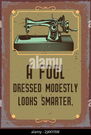 Posterdesign mit Illustration einer Nähmaschine auf Vintage-Hintergrund. Stock Vektor