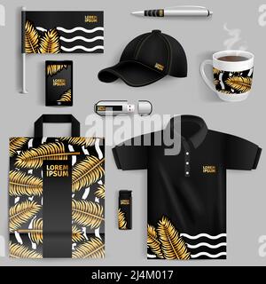 Dekorative Elemente der Corporate Identity mit goldenen Palmenblättern in Realistischer Stil mit Stift usb-Flash-Laufwerk Tasche Tasse Baseball Cap isolierte Vektor-Illus Stock Vektor