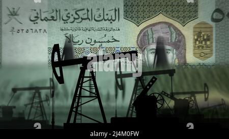 Oman Rial Geldzählmaschine mit Ölpumpe. Das Geschäft mit Erdöl-Bohranlagen und Brennstoffenergie mit OMR-Banknoten zählt. Wirtschaft abstraktes Konzept Hintergrund 3 Stockfoto