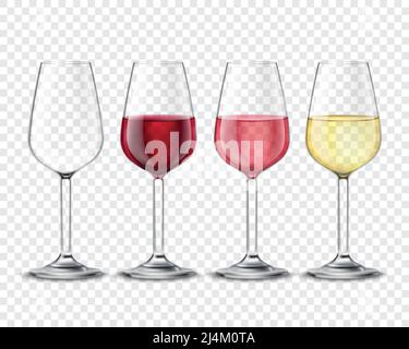 Klassische Weinglas Alkoholtrinkgläser Set mit rot-weiß und Roséwein realistische transparente Poster Vektor-Illustration Stock Vektor