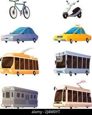 Stadtverkehr retro Karikatur-Ikonen Satz von Bus-Straßenbahn-Trolley Triebwagen Fahrrad gelb Taxi flache Bilder isoliert Vektor-Illustration Stock Vektor