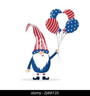 Patriotischer amerikanischer Zwerg. Niedlicher skandinavischer Zwerg mit Luftballons. Elf feiern den Unabhängigkeitstag in den Vereinigten Staaten. Frohes 4.. juli. Vektor Stock Vektor