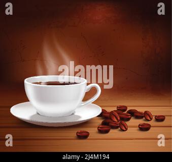 Kaffee-Poster mit realistischen weißen Porzellanbecher auf texturiertem Hintergrund vektorgrafik Stock Vektor