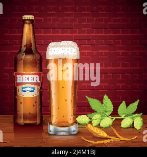 Design-Konzept mit Bierflasche voll Glas Lagerspieß Von Gerste und Hopfen Kegel auf Backsteinwand Hintergrund Vektor Abbildung Stock Vektor