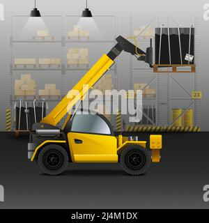 Lager- und Logistikzusammensetzung mit Gabelstapler- und Ladungssymbolen realistisch vektorgrafik Stock Vektor