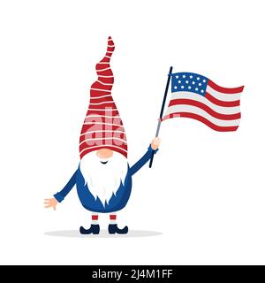 Patriotischer amerikanischer Zwerg. Niedlicher skandinavischer Zwerg mit Flagge. Elf feiern den Unabhängigkeitstag in den Vereinigten Staaten. Frohes 4.. juli. Vektor Stock Vektor
