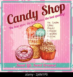 Vintage Süßigkeiten Shop Poster mit Skizze Donut Eis und cupcake auf texturierten Hintergrund Vektor-Illustration Stock Vektor
