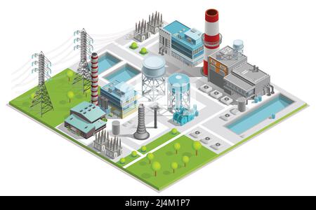 Vektor-Illustration der Kesselfabrik für die Herstellung von thermischen und Elektrische Energie mit Stromleitung unterstützt isometrisches Konzept Stock Vektor