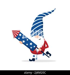 Patriotischer amerikanischer Zwerg. Niedlicher skandinavischer Zwerg mit Feuerwerk. Elf feiern den Unabhängigkeitstag in den Vereinigten Staaten. Frohes 4.. juli. Vektor Stock Vektor