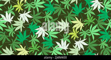 Nahtloses Muster mit grünen Hanfblättern auf dunklem Marihuana. Cannabisblätter mit Vintage-Muster für medizinisches Design. Legalisierung Von Marihuana. Vorlage für te Stock Vektor