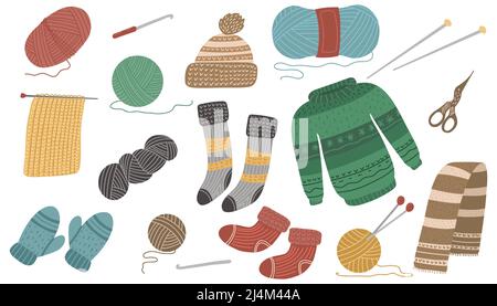 Winterkleidung. Pullover, Stoff. Schal Hut Symbole. Vektorgrafik. Stock Vektor