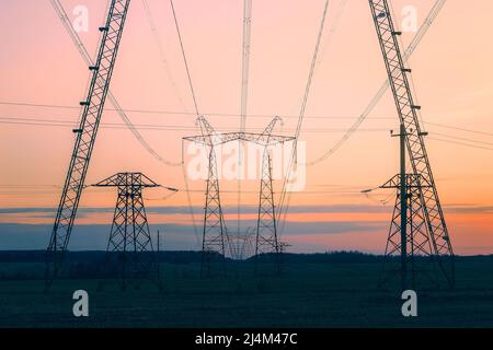 Eine Reihe von Machtpolen, die in einem Feld stehen und in die Ferne über den Horizont hinausreichen. Stockfoto