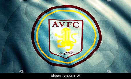 Abstrakt winkende Aston Villa Football Club Flagge, nahtlose Schleife. Bewegung. Bunte bewegte Flagge Tuch Textur mit dem Emblem eines Löwen. Für redaktionelle Zwecke Stockfoto