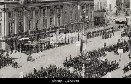 Amsterdam, Holland. Amtsantritt der niederländischen Wilhelmina (1880-1962). Eingang der Königin in den Palast, nach der religiösen Zeremonie in Nieuwe Kerk am 6. September 1898. Gravur. La Ilustración Española y Americana, 1898. Stockfoto