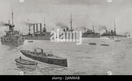 Spanisch-Amerikanischer Krieg (1898). Die amerikanische Flotte auf der Hampton Road. Von links nach rechts: USS Texas, USS Brooklyn, USS Minneapolis, USS Columbia und USS Massachusetts. Fotogravur von Laporta. La Ilustración Española y Americana ,1898. Stockfoto