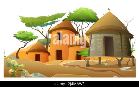 Afrika-Dorf. Gebäude und Sanddünen. Ländliche Häuser aus Lehm und Stroh. Isoliert auf weißem Hintergrund. Afrikanische Landschaft. Akazienbäume. Vektor. Stock Vektor