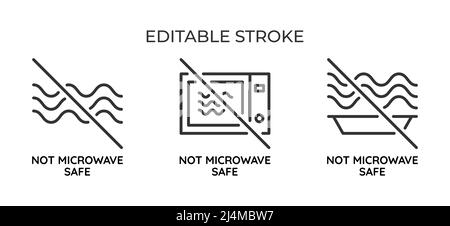 Symbol nicht mikrowellengeeignet. Zum Verpacken oder Etikettieren die Eignung des Kochgeschirrs zum Erhitzen und Kochen. Satz linearer Symbole. Vektorgrafik. Stock Vektor