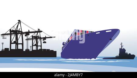 Containerschiff mit Schlepper im Hafen, Abbildung Stock Vektor